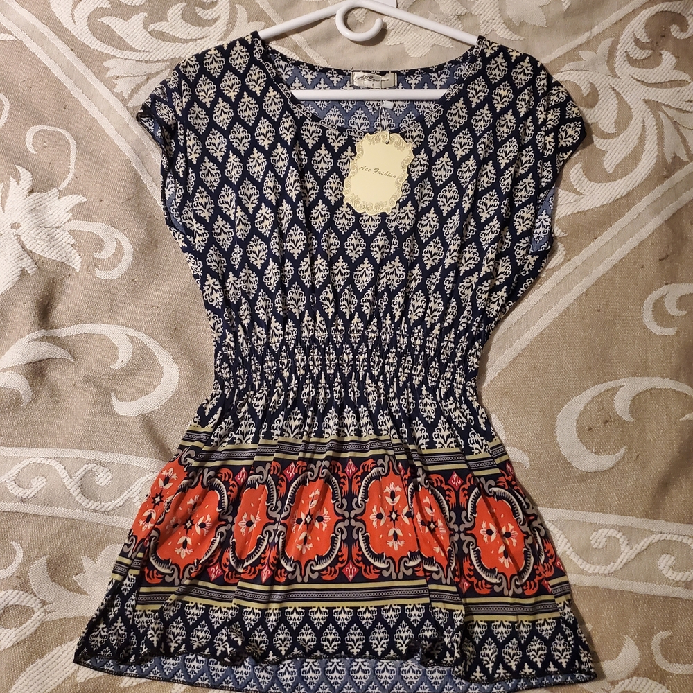 Navy and Coral Patterned Blouse